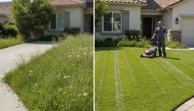 Before and after lawn mowing showing dramatic yard transformation in Orange County, CA