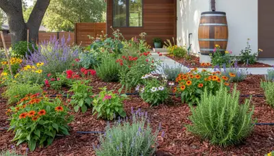 Organic garden beds with natural mulch and healthy plants in eco-friendly Orange County, CA landscape