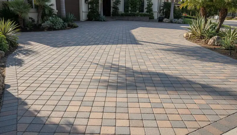 Completed interlocking paver driveway installation by Chop Chop Landscaping in Orange County, CA