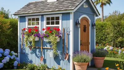 Decorative garden shed with custom landscaping in Orange County, CA by Chop Chop Landscaping