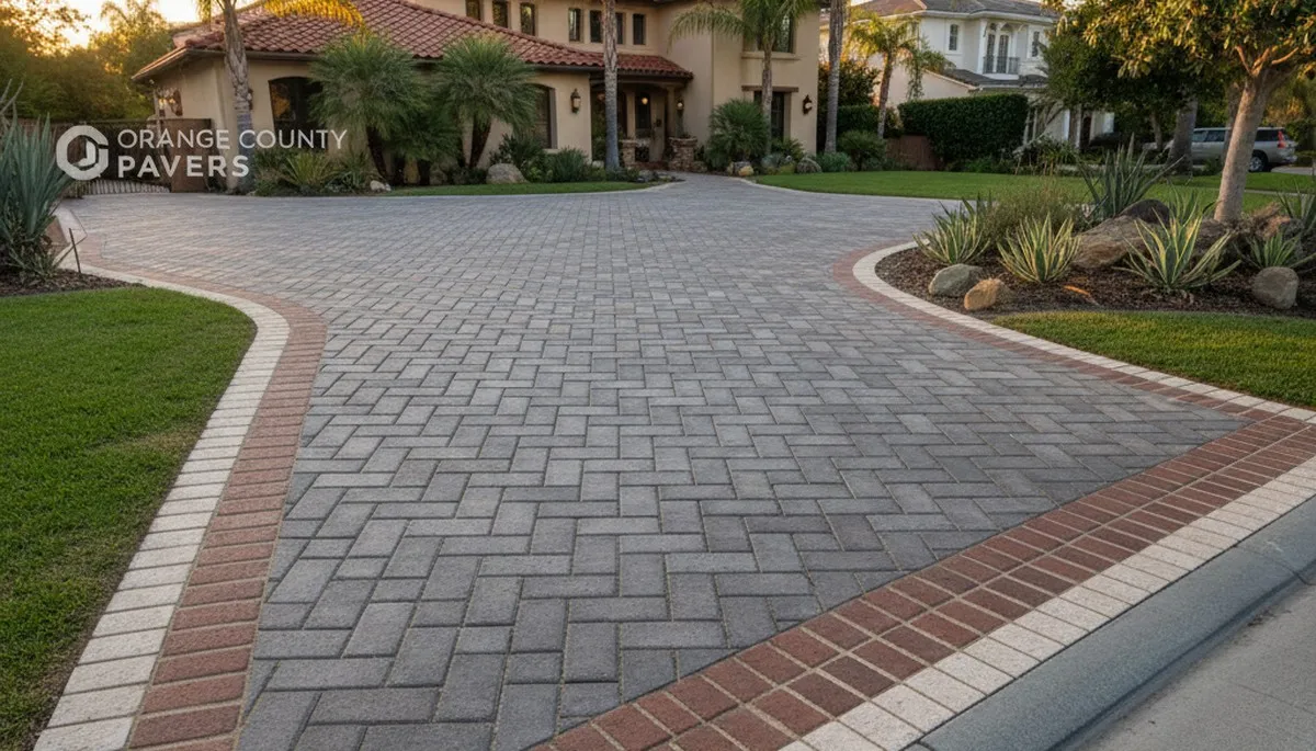 Decorative driveway paver border and edging installation in Orange County, CA by Chop Chop Landscaping