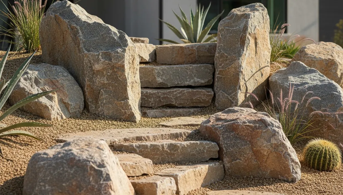 Decorative rock garden with boulders and gravel desertscape design in Orange County, CA landscaping
