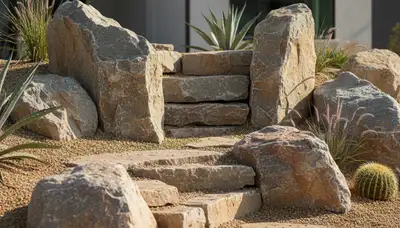 Decorative rock garden with boulders and gravel desertscape design in Orange County, CA landscaping