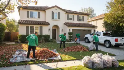 Landscapers raking and bagging fall leaves during yard clean up in Orange County, CA