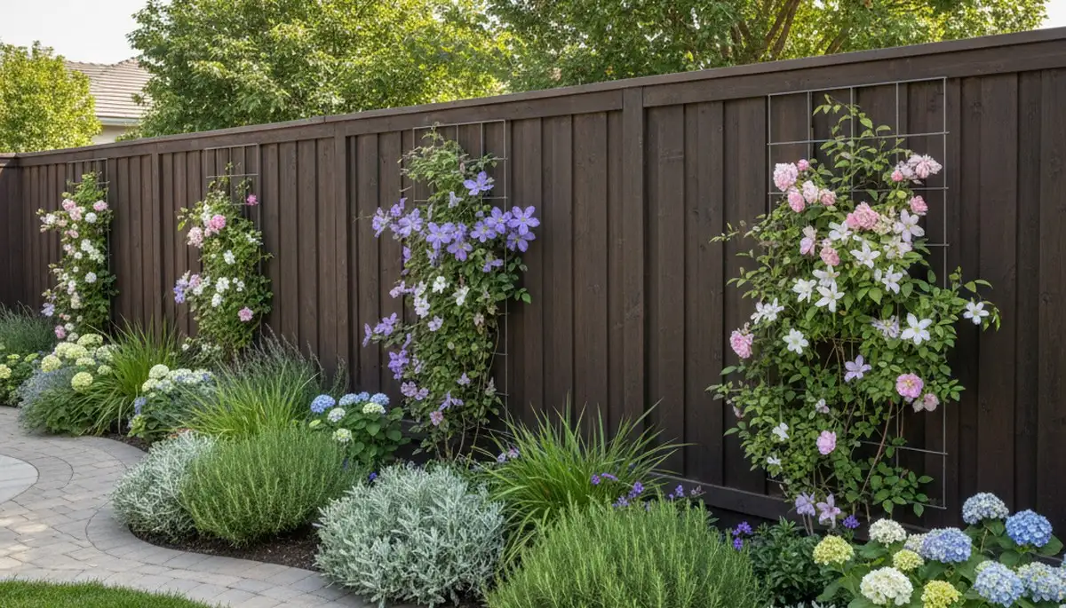 Custom fence with climbing plants and landscape beds in Orange County, CA by Chop Chop Landscaping