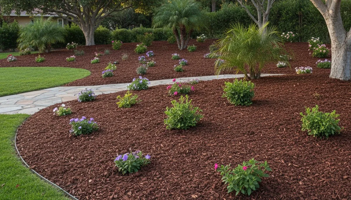 Fresh mulch installation with clean edges and rich color in residential Orange County, CA landscape
