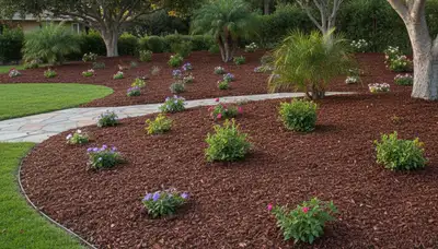 Fresh mulch installation with clean edges and rich color in residential Orange County, CA landscape