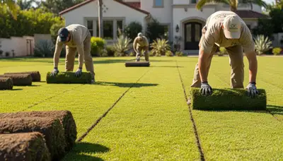 Professional sod installation with fresh turf rolls in Orange County, CA landscaping project