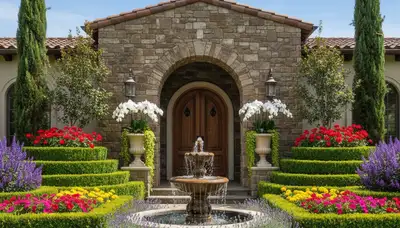 Front yard landscape design with colorful plants and shaped shrubs in Orange County, CA