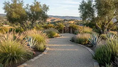 Pea gravel garden path design with natural drainage by professional landscapers in Orange County, CA