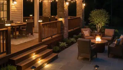 Illuminated deck and patio with professional landscape lighting in Orange County, CA by Chop Chop Landscaping