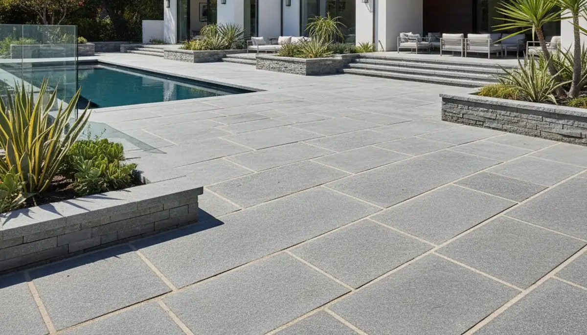 Modern large-format stone paver patio installation by Chop Chop Landscaping in Orange County, CA