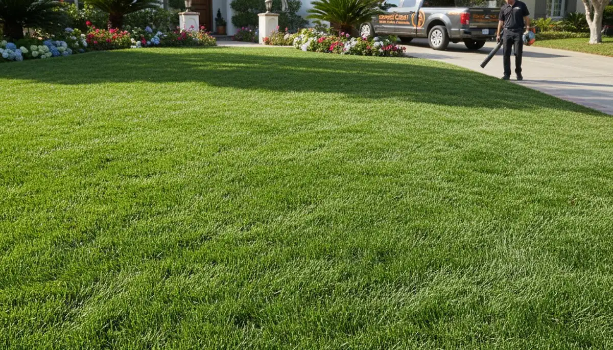 Lush green residential lawn after professional lawn care by Chop Chop Landscaping in Orange County, CA