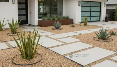 Modern pea gravel landscape with geometric design in Orange County, CA by Chop Chop Landscaping
