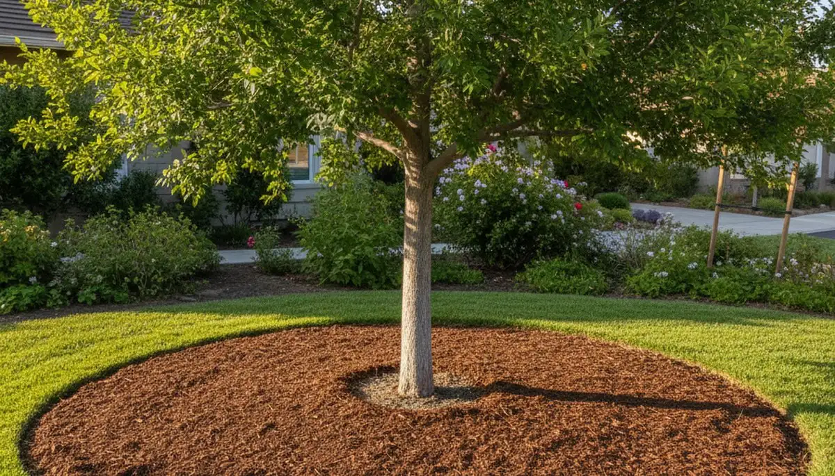 Professional circular mulch ring around tree base in Orange County, CA landscape by Chop Chop Landscaping