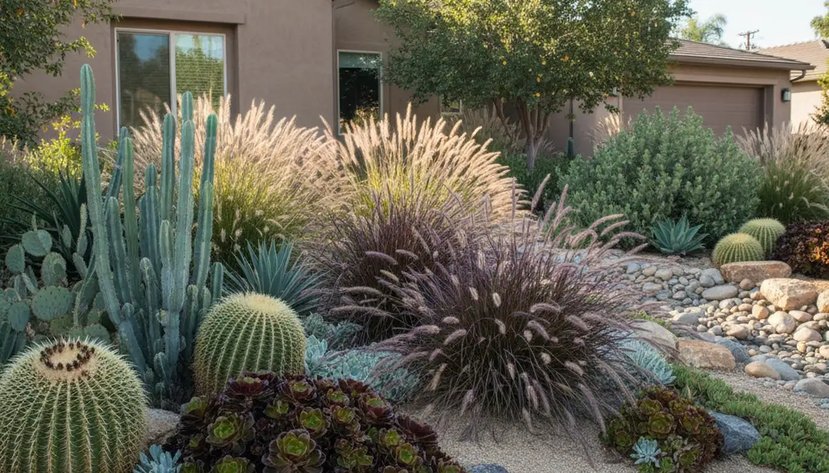 Drought-tolerant desertscape with cacti and succulents in Orange County, CA by Chop Chop Landscaping