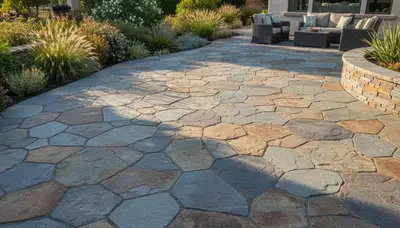 Flagstone patio with natural slate pavers professionally installed in Orange County, CA landscaping project