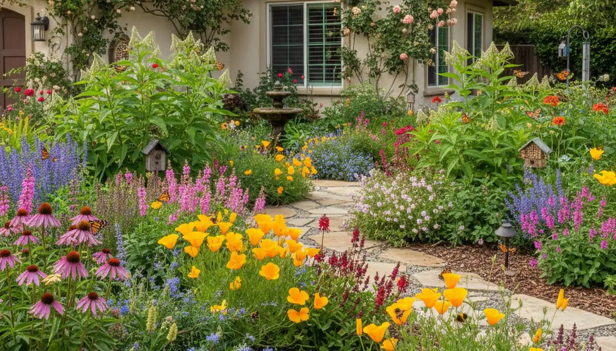 Pollinator-friendly native garden with bee and butterfly plants by organic landscapers in Orange County, CA