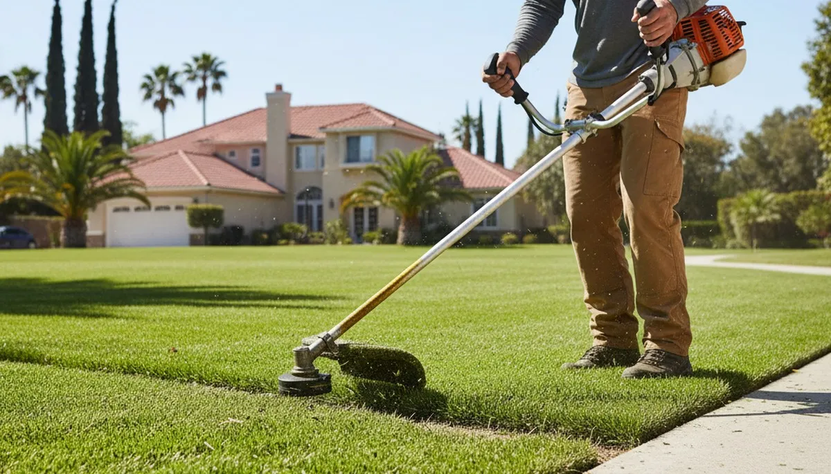 Technician performing precise lawn edging with string trimmer in Orange County, CA