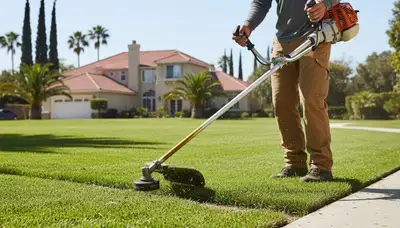 Technician performing precise lawn edging with string trimmer in Orange County, CA