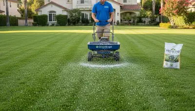 Lawn care technician applying fertilizer with spreader in residential yard, Orange County CA