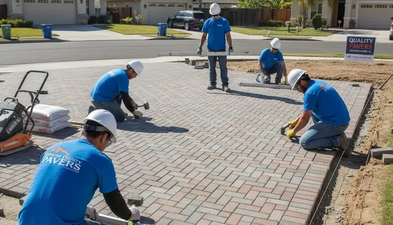 Technicians installing driveway pavers in Orange County, CA with precise base prep and leveling techniques