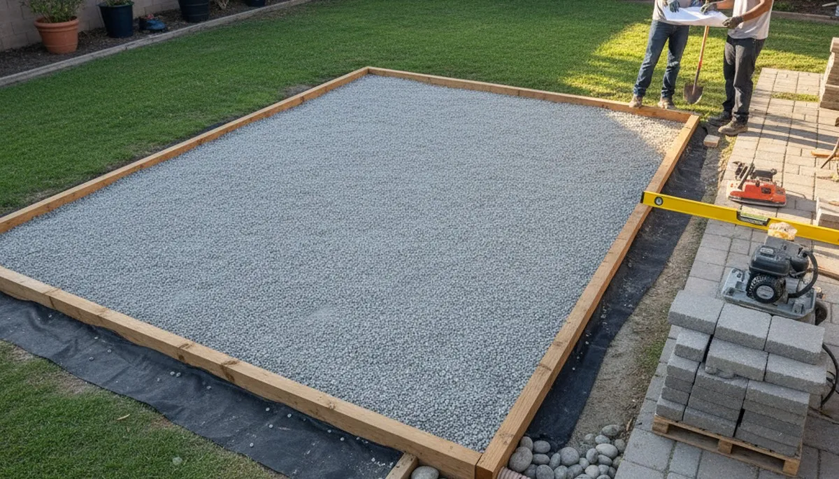 Professional shed base preparation and gravel foundation work in Orange County, CA landscaping project