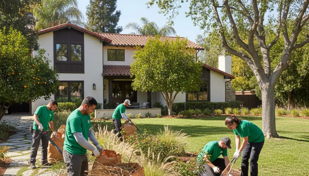 Landscapers performing spring yard clean up and pruning at a residential property in Orange County, CA