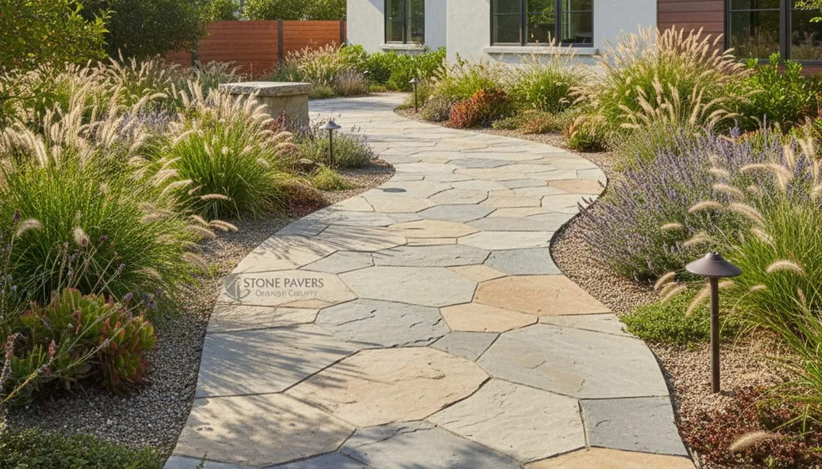Curved stone paver walkway installation by Chop Chop Landscaping in Orange County, CA
