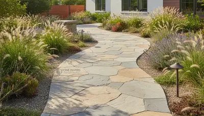 Curved stone paver walkway installation by Chop Chop Landscaping in Orange County, CA