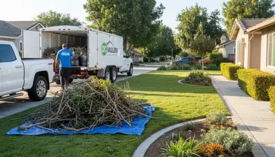Landscaping crew clearing storm debris and fallen branches from a yard in Orange County, CA