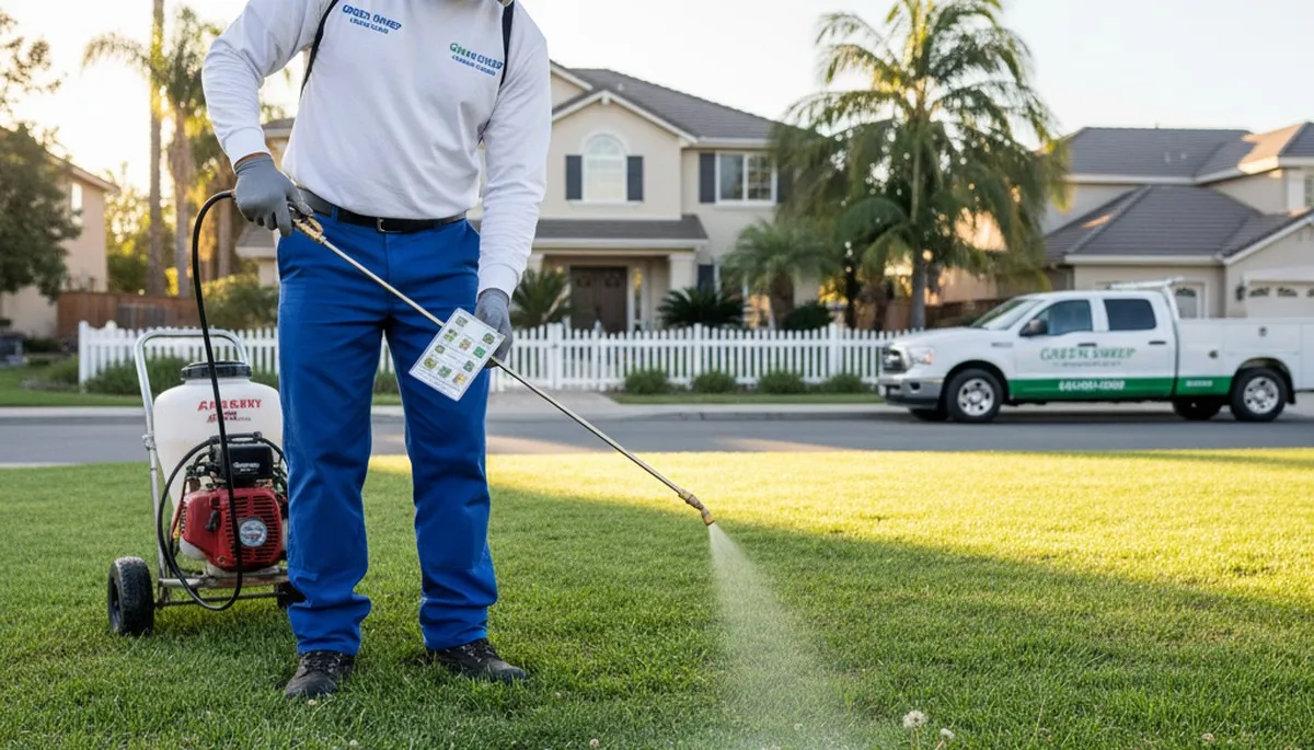 Lawn care expert applying targeted weed control in Orange County, CA with precision sprayer and safety gear