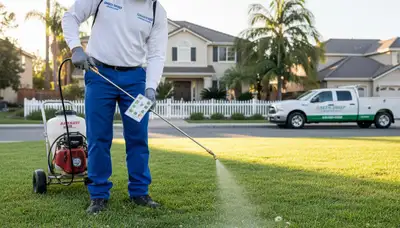 Lawn care expert applying targeted weed control in Orange County, CA with precision sprayer and safety gear